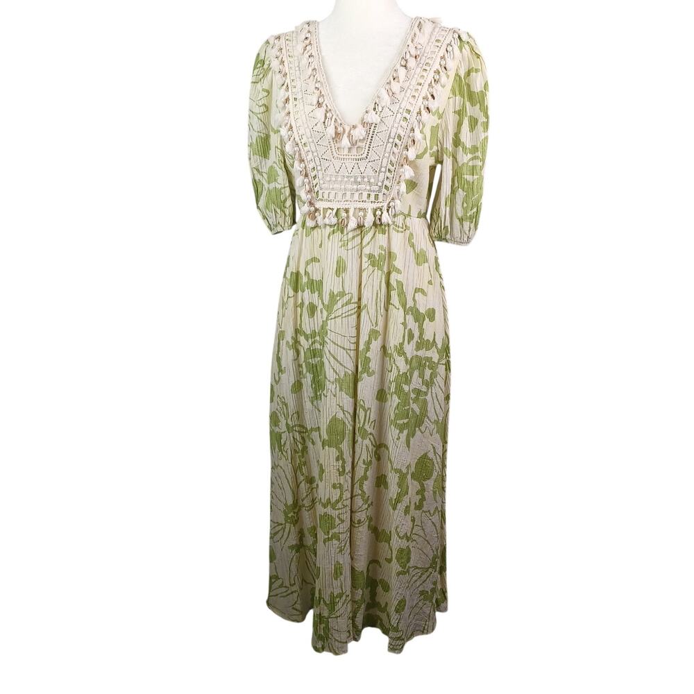 Anewsta Floral Crochet‎ Tassel Shells Boho Midi Dress S Green Puff Sleeve Beach